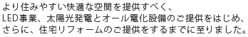 より住みやすい快適な空間を提供すべく、太陽光発電とオール電化設備のご提供をはじめ、さらに、住宅リフォームのご提供をするまでに至りました。